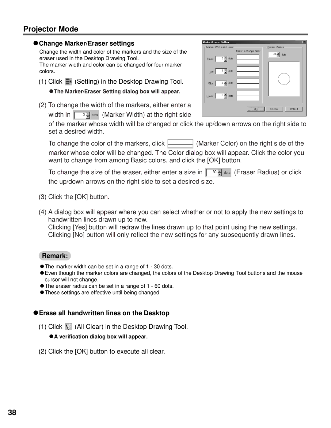 Panasonic KX-BP800 operating instructions CChange Marker/Eraser settings, Click Setting in the Desktop Drawing Tool 