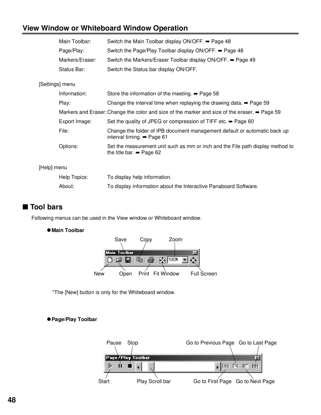 Panasonic KX-BP800 operating instructions View Window or Whiteboard Window Operation, Tool bars 