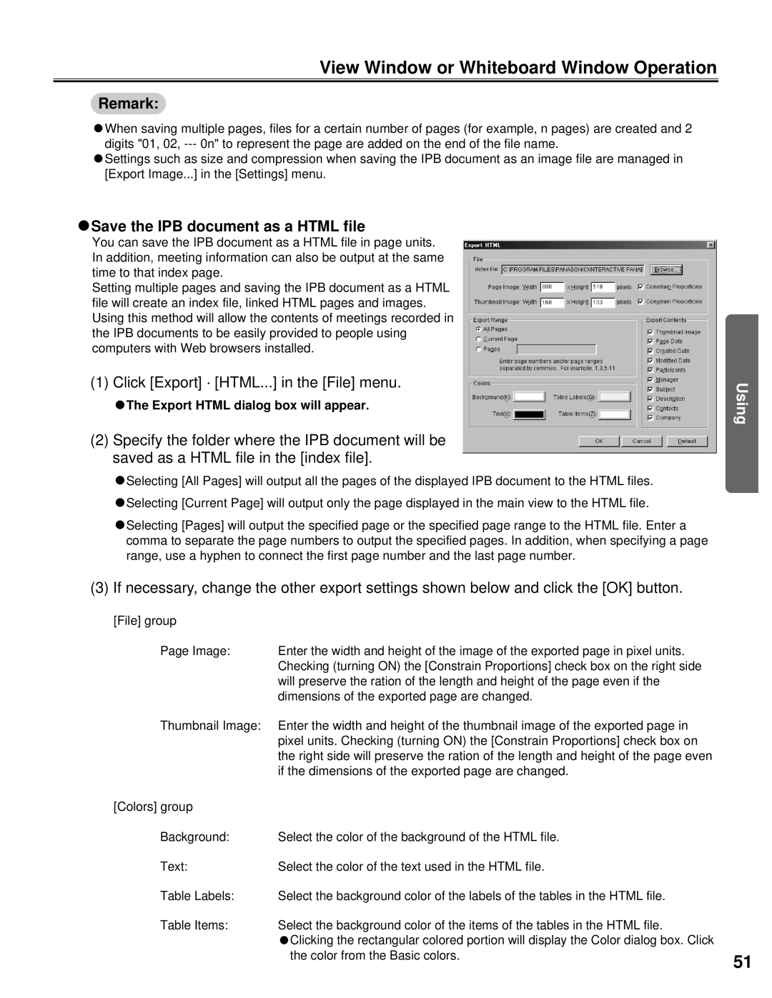 Panasonic KX-BP800 operating instructions CSave the IPB document as a Html file, Click Export · HTML... in the File menu 