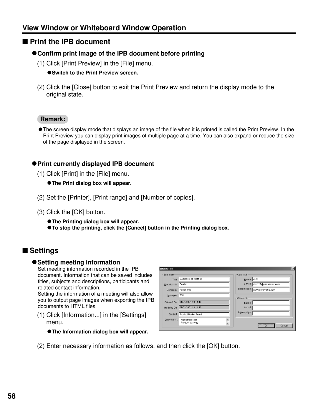 Panasonic KX-BP800 Settings, CConfirm print image of the IPB document before printing, CSetting meeting information 