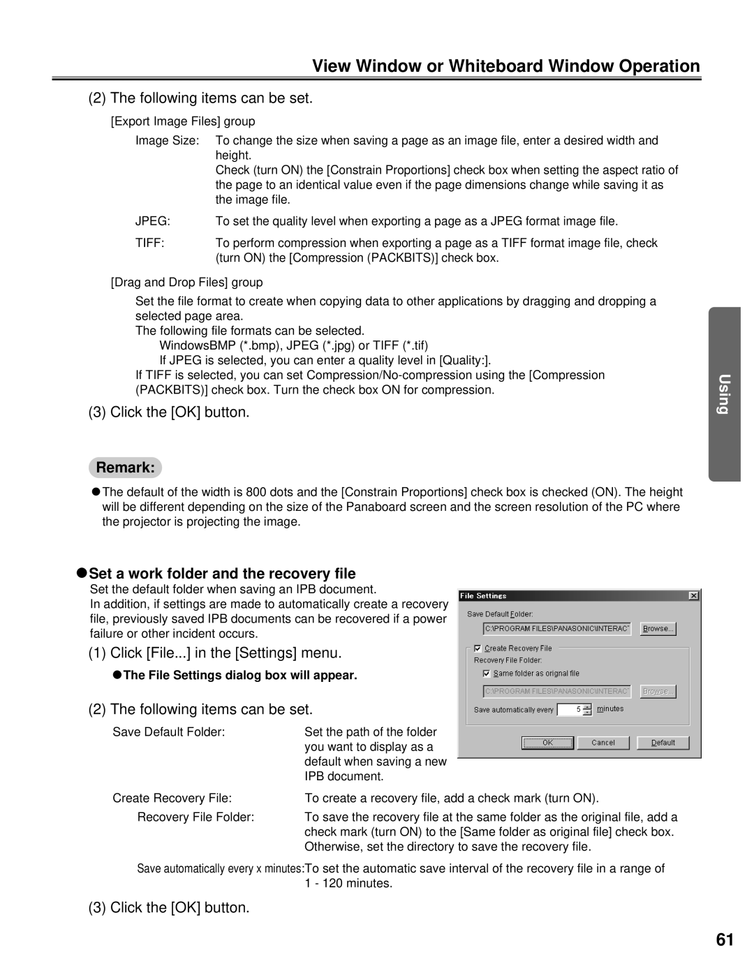 Panasonic KX-BP800 operating instructions Following items can be set, CSet a work folder and the recovery file 