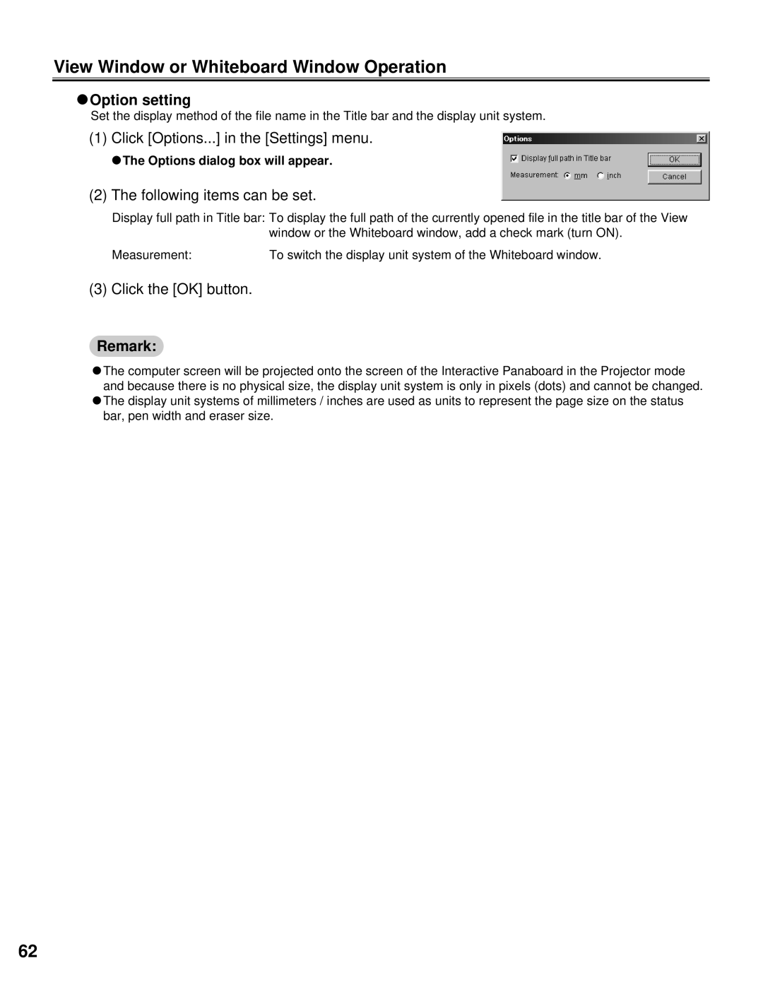 Panasonic KX-BP800 operating instructions COption setting, Click Options... in the Settings menu 