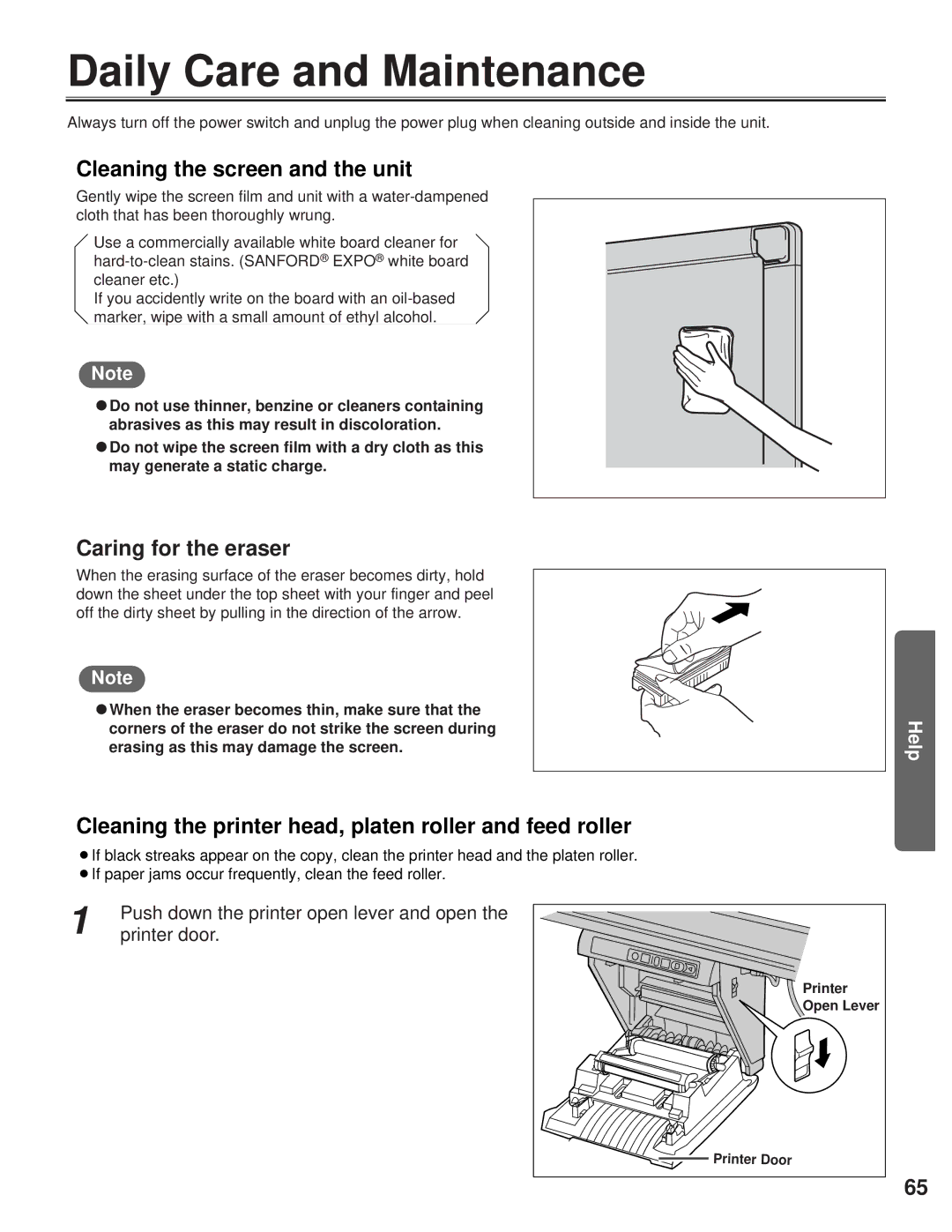 Panasonic KX-BP800 Daily Care and Maintenance, Cleaning the screen and the unit, Caring for the eraser 