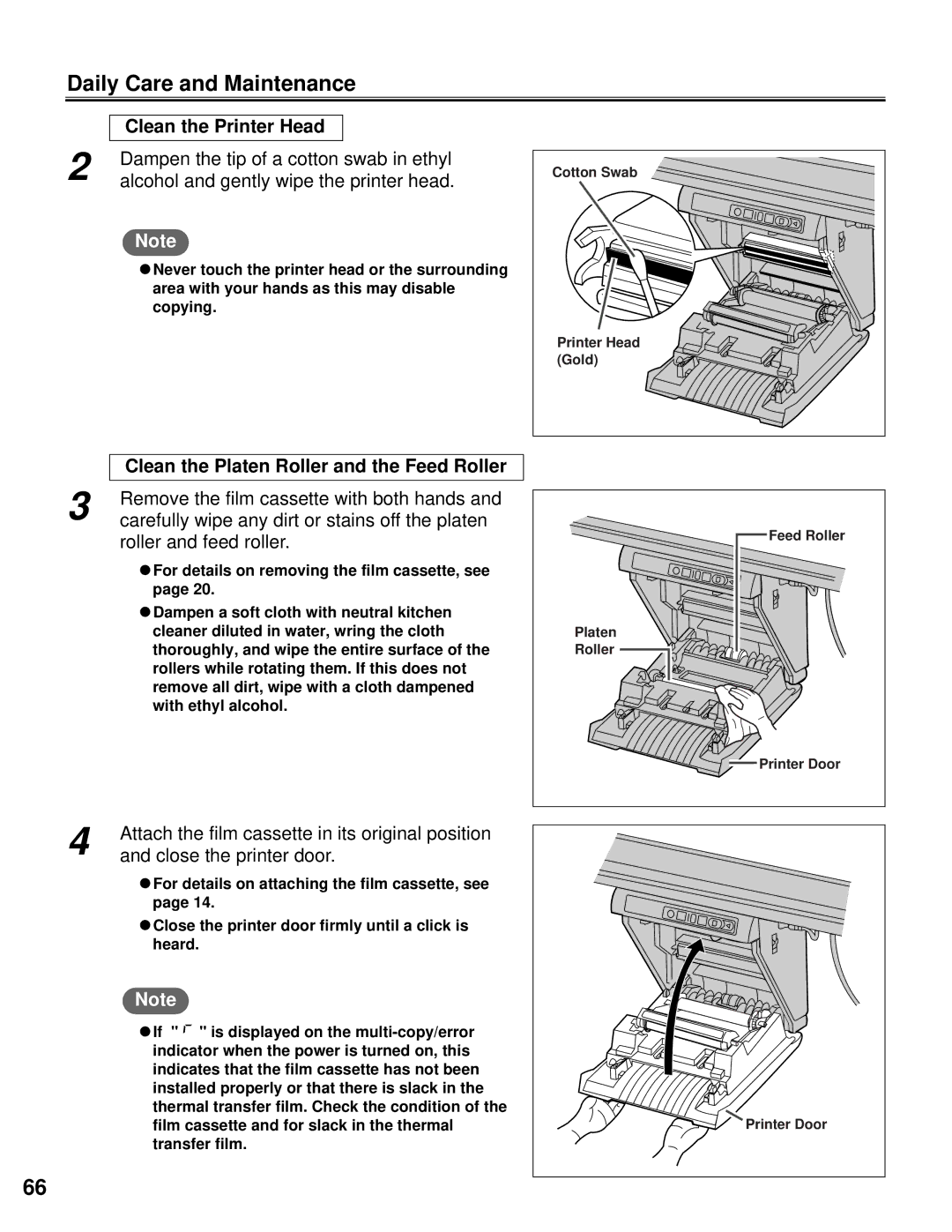 Panasonic KX-BP800 Daily Care and Maintenance, Clean the Printer Head, Clean the Platen Roller and the Feed Roller 