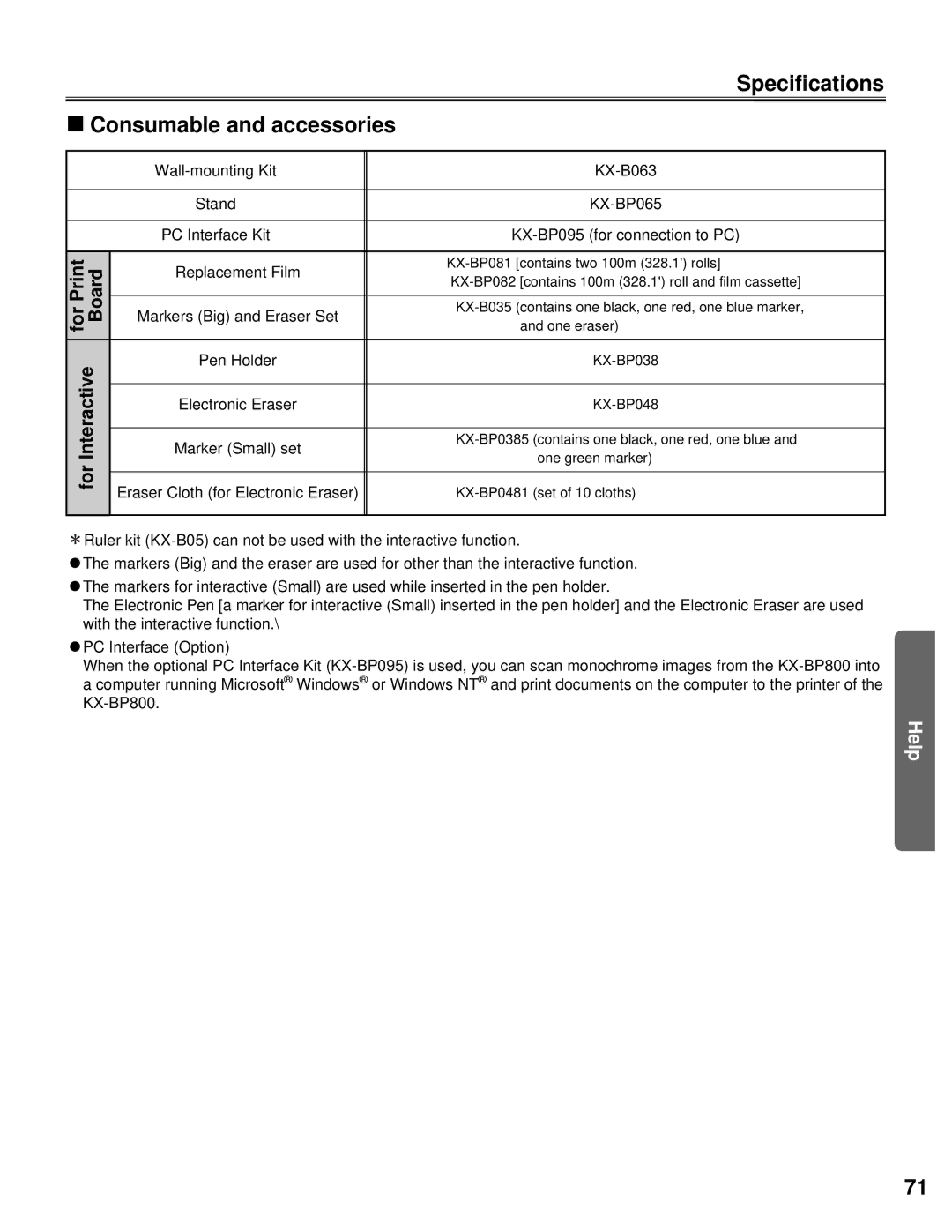 Panasonic KX-BP800 operating instructions Specifications Consumable and accessories, For Print Board, Interactive 