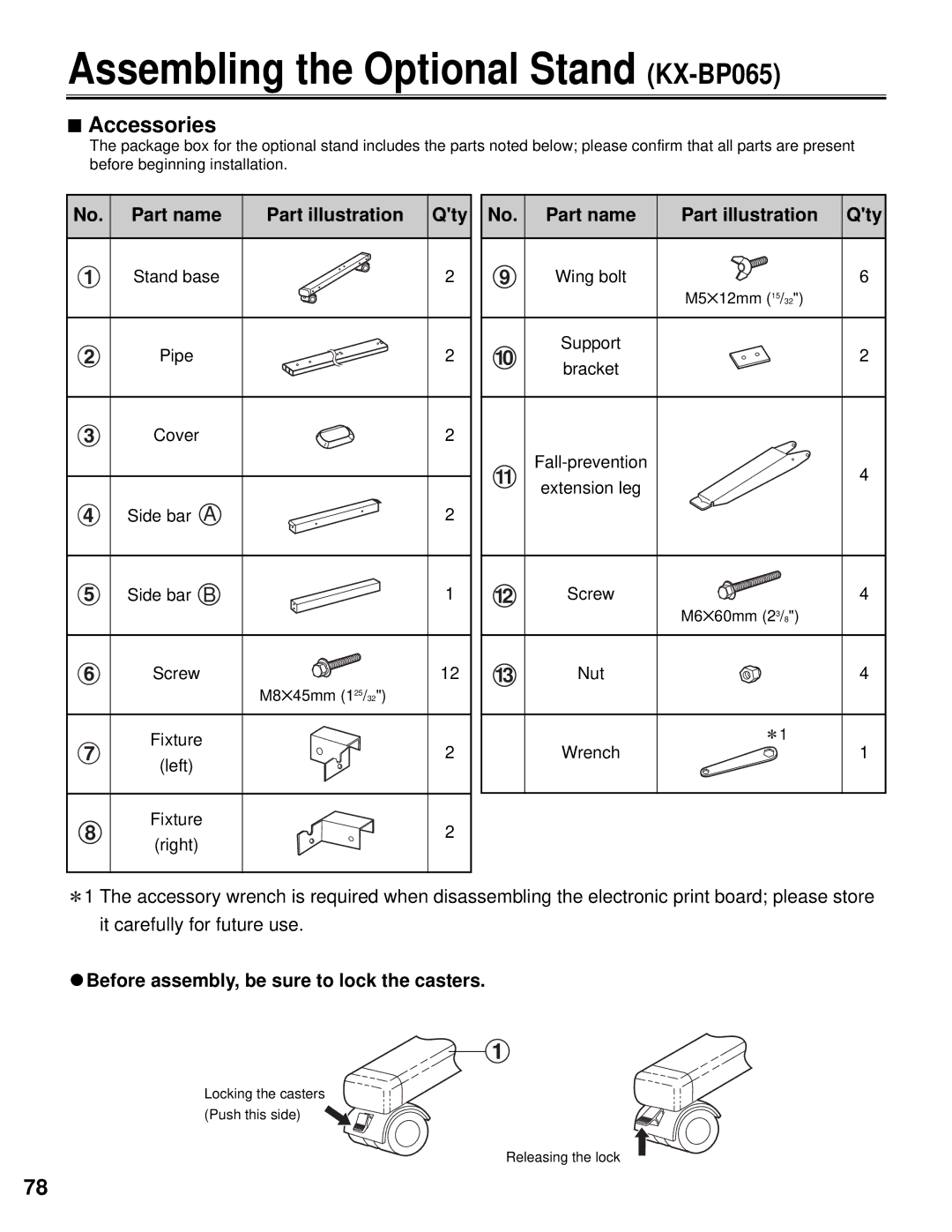 Panasonic KX-BP800 Assembling the Optional Stand KX-BP065, Accessories, No. Part name Part illustration Qty 