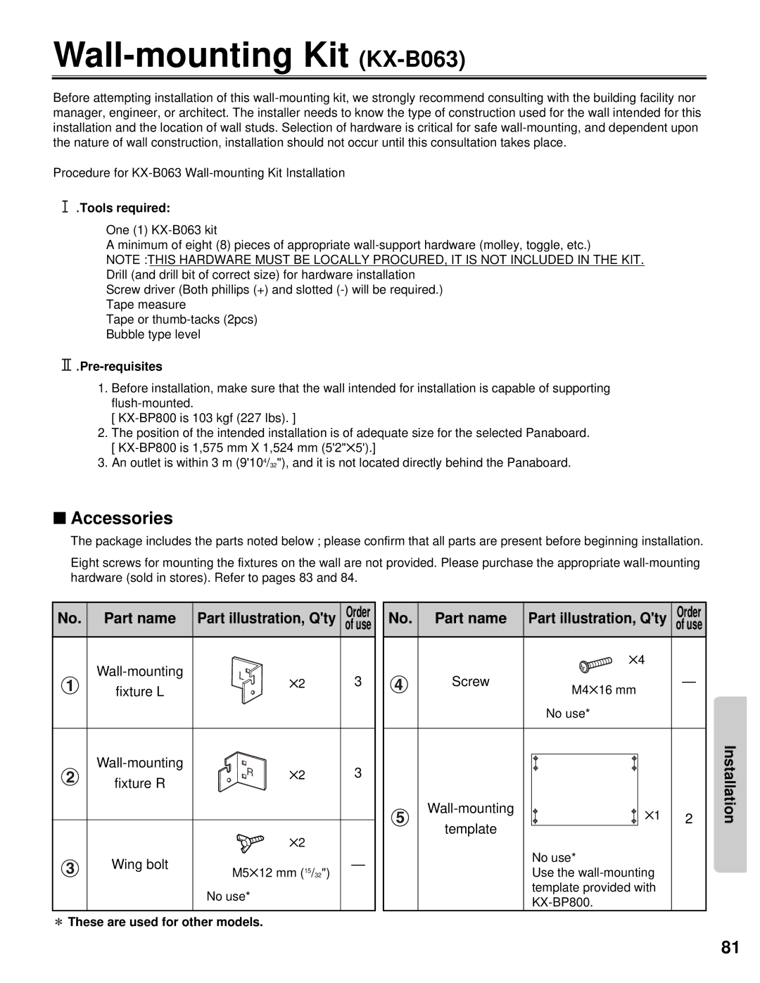 Panasonic KX-BP800 operating instructions Wall-mounting Kit KX-B063, No. Part name 