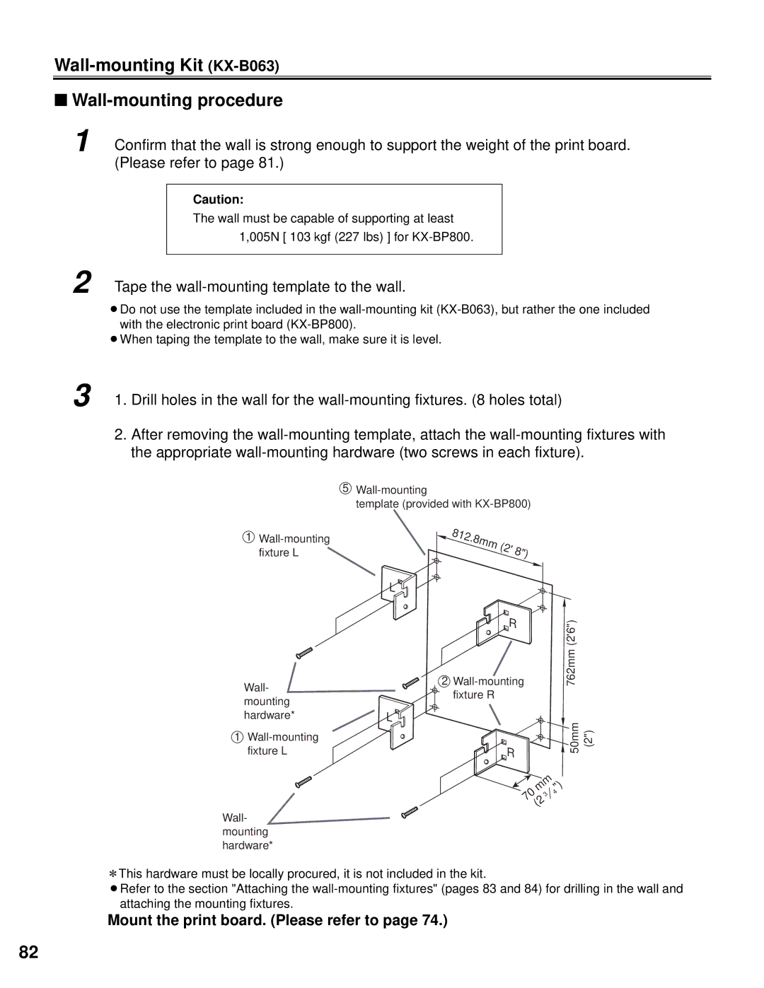 Panasonic KX-BP800 Wall-mounting Kit KX-B063 Wall-mounting procedure, Tape the wall-mounting template to the wall 