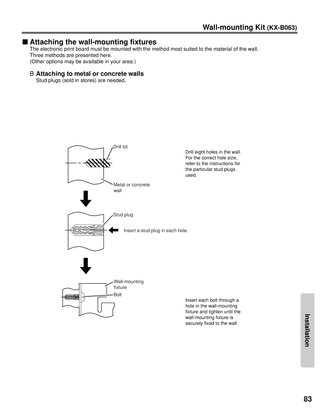 Panasonic KX-BP800 operating instructions BAttaching to metal or concrete walls, Stud plugs sold in stores are needed 