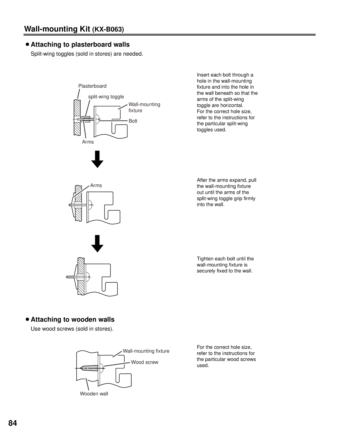 Panasonic KX-BP800 Wall-mounting Kit KX-B063, BAttaching to plasterboard walls, BAttaching to wooden walls 