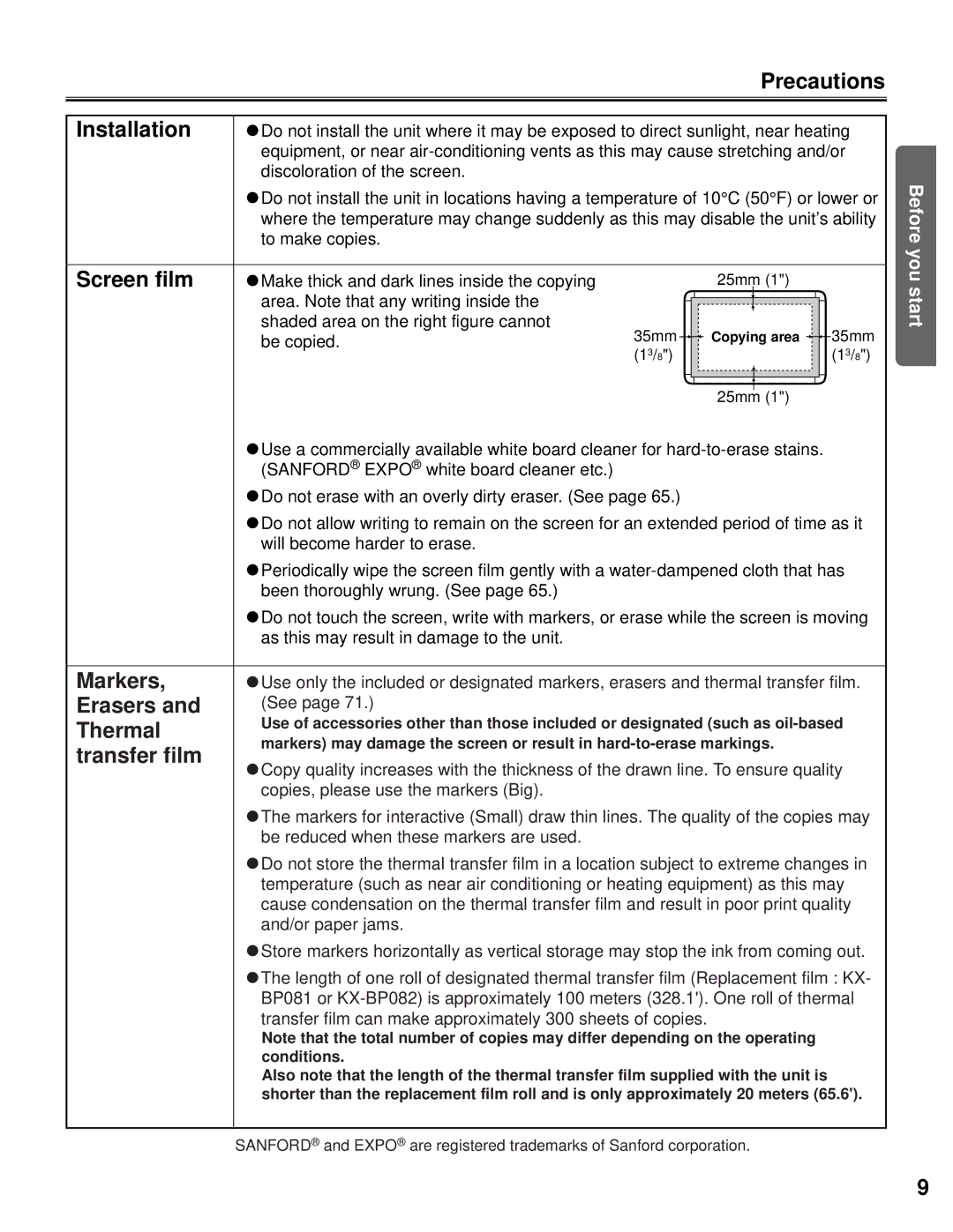 Panasonic KX-BP800 operating instructions Installation, Screen film, Markers, Erasers, Thermal, Transfer film 