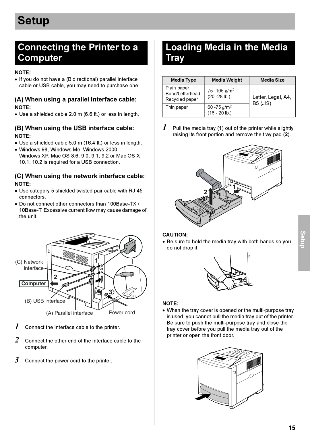 Panasonic KX-CL500, KX-CL510 setup guide Connecting the Printer to a Computer, Loading Media in the Media Tray 