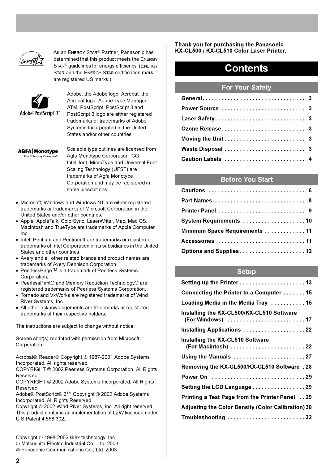 Panasonic KX-CL510, KX-CL500 setup guide Contents 