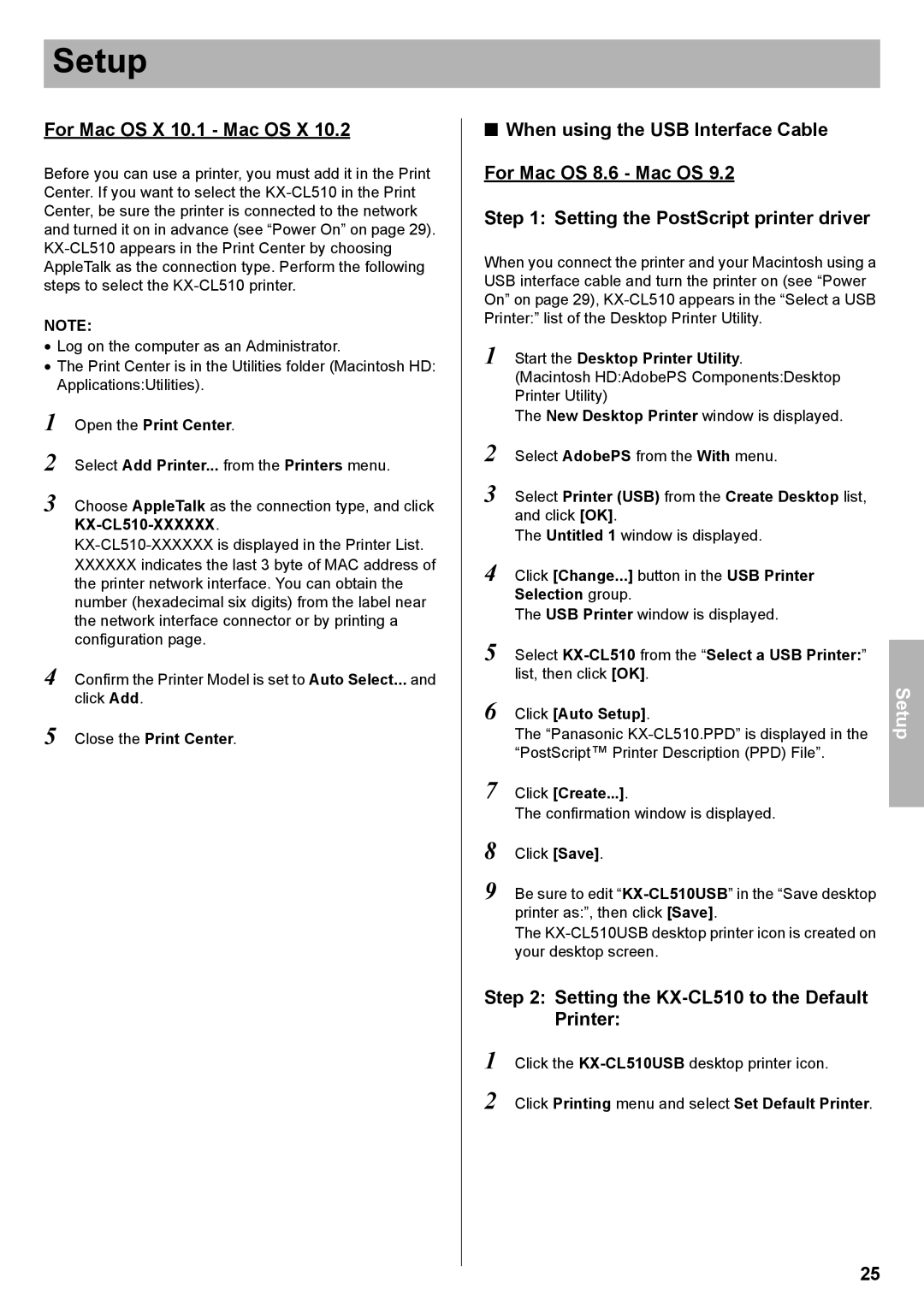 Panasonic KX-CL500 setup guide For Mac OS X 10.1 Mac OS X, Setting the KX-CL510 to the Default Printer 