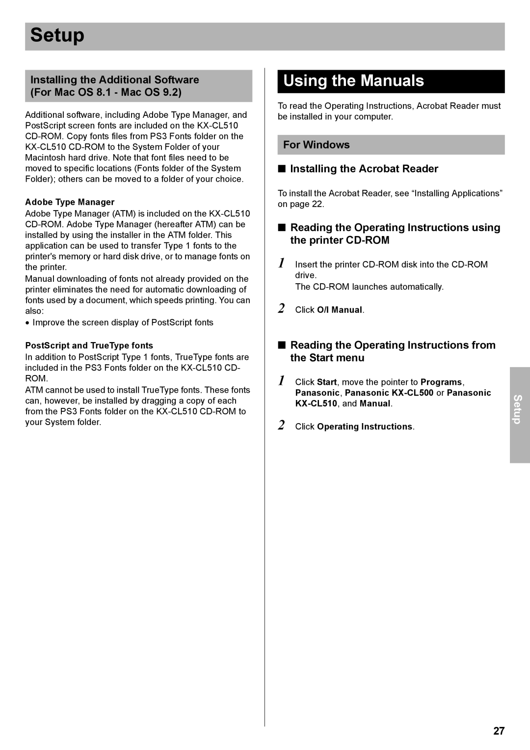 Panasonic KX-CL500, KX-CL510 setup guide Using the Manuals, Installing the Additional Software For Mac OS 8.1 Mac OS 