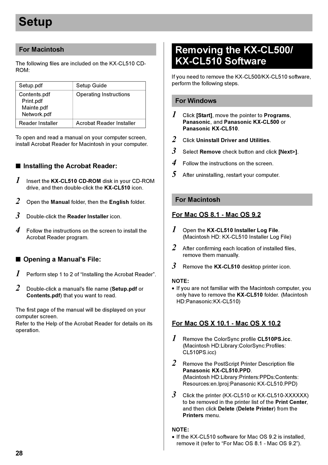 Panasonic setup guide Removing the KX-CL500/ KX-CL510 Software, For Macintosh, Opening a Manuals File, For Windows 