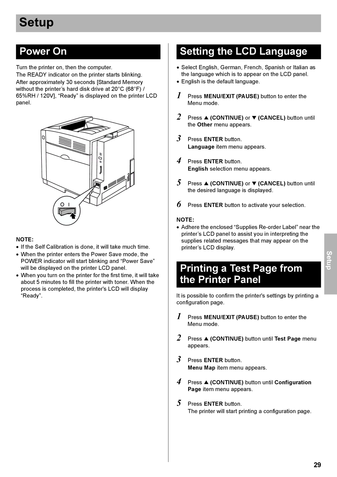 Panasonic KX-CL500, KX-CL510 setup guide Power On, Setting the LCD Language, Printing a Test Page from the Printer Panel 