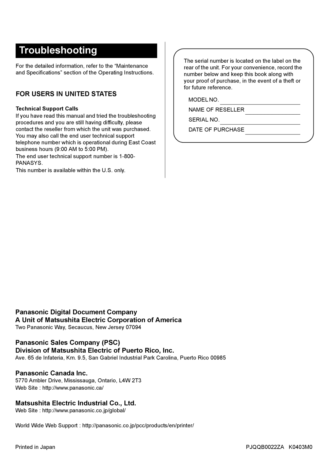 Panasonic KX-CL510, KX-CL500 setup guide Troubleshooting, Panasonic Canada Inc, Technical Support Calls 