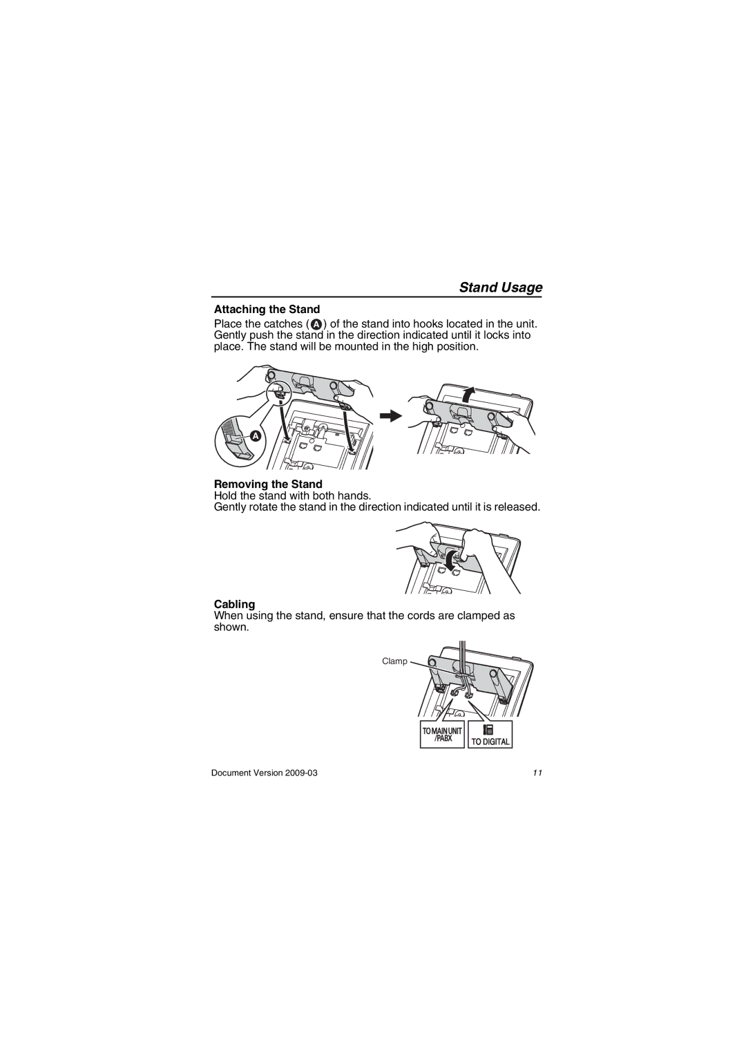 Panasonic KX-DT321 manual Stand Usage, Attaching the Stand, Removing the Stand, Cabling 