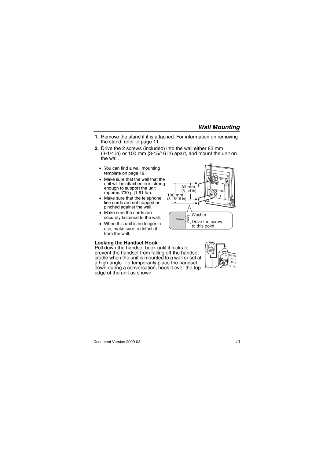 Panasonic KX-DT321 manual Wall Mounting, Locking the Handset Hook 