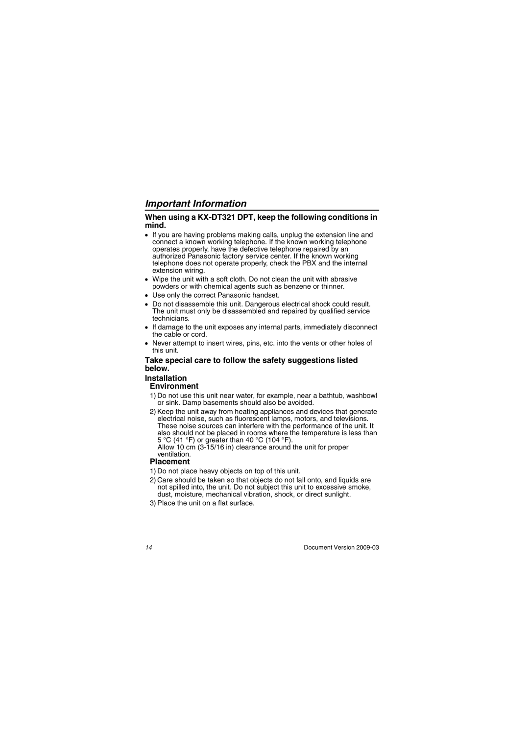 Panasonic KX-DT321 manual Important Information, Placement 