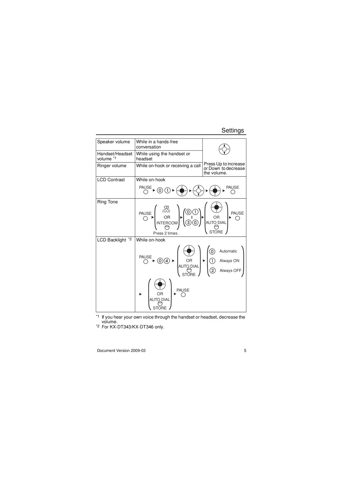 Panasonic KX-DT333, KX-DT346, KX-DT343 manual Volume *1, Ringer volume, LCD Contrast, Ring Tone, LCD Backlight *2 