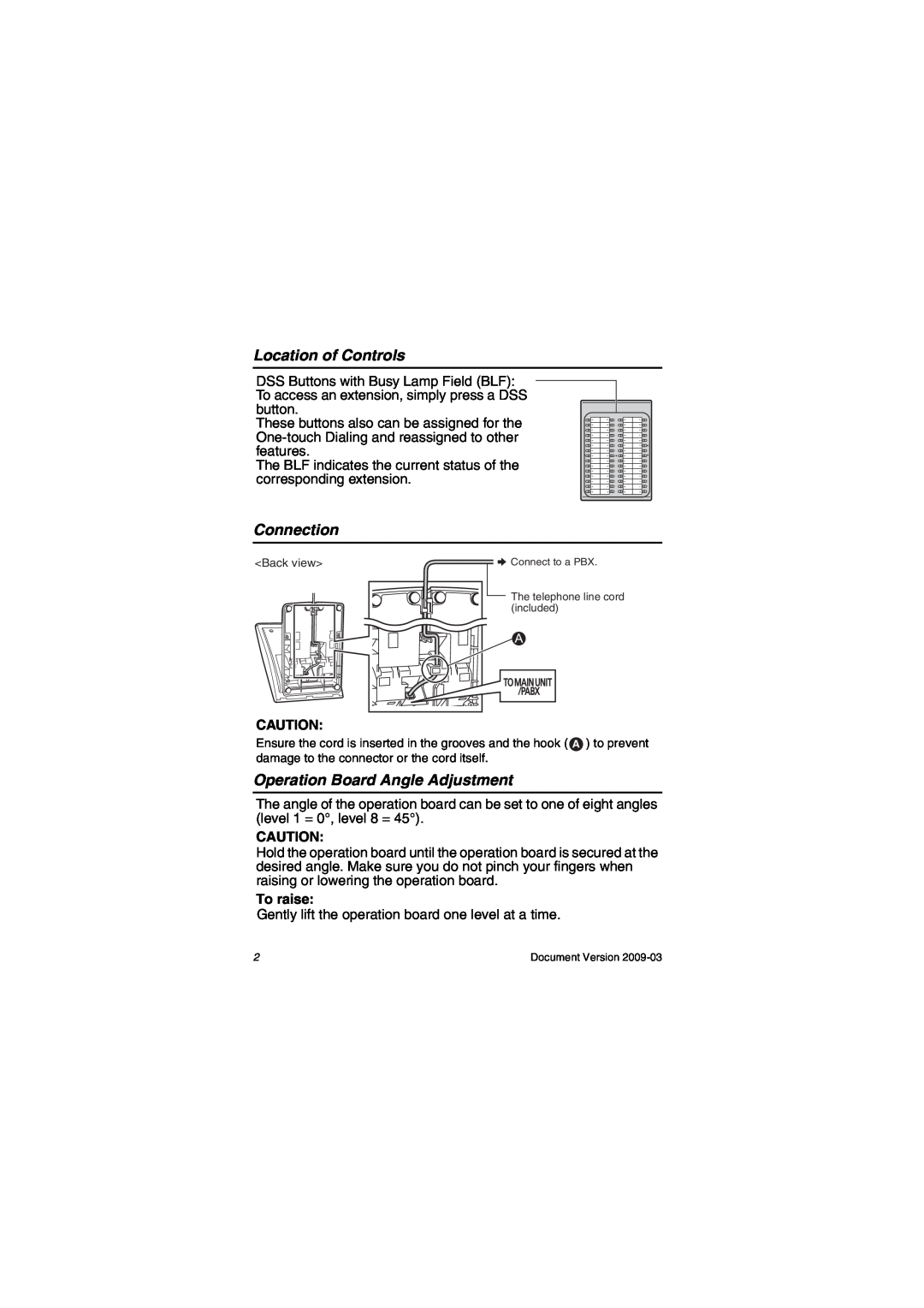 Panasonic KX-DT390 manual Location of Controls, Connection, Operation Board Angle Adjustment, To raise 