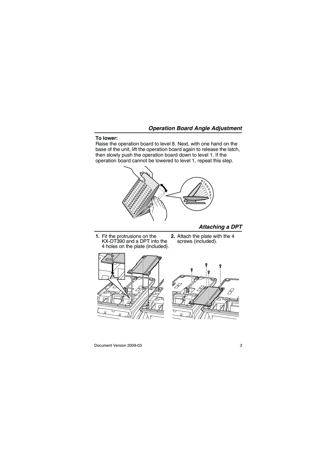 Panasonic KX-DT390 manual Attaching a DPT, To lower, Operation Board Angle Adjustment 