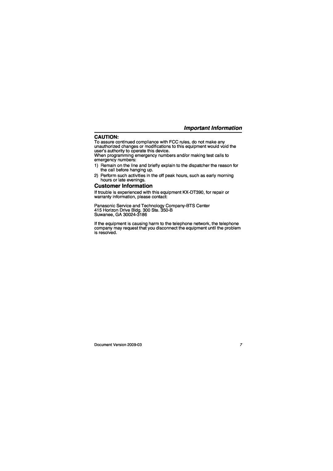 Panasonic KX-DT390 manual Customer Information, Important Information 