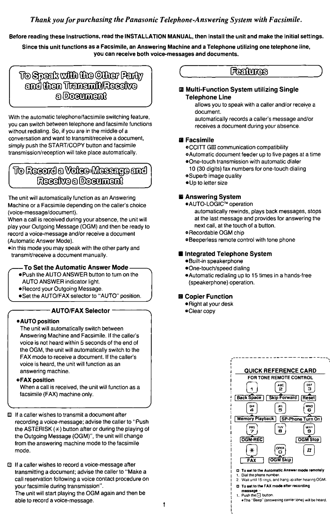 Panasonic KX-F100 manual 