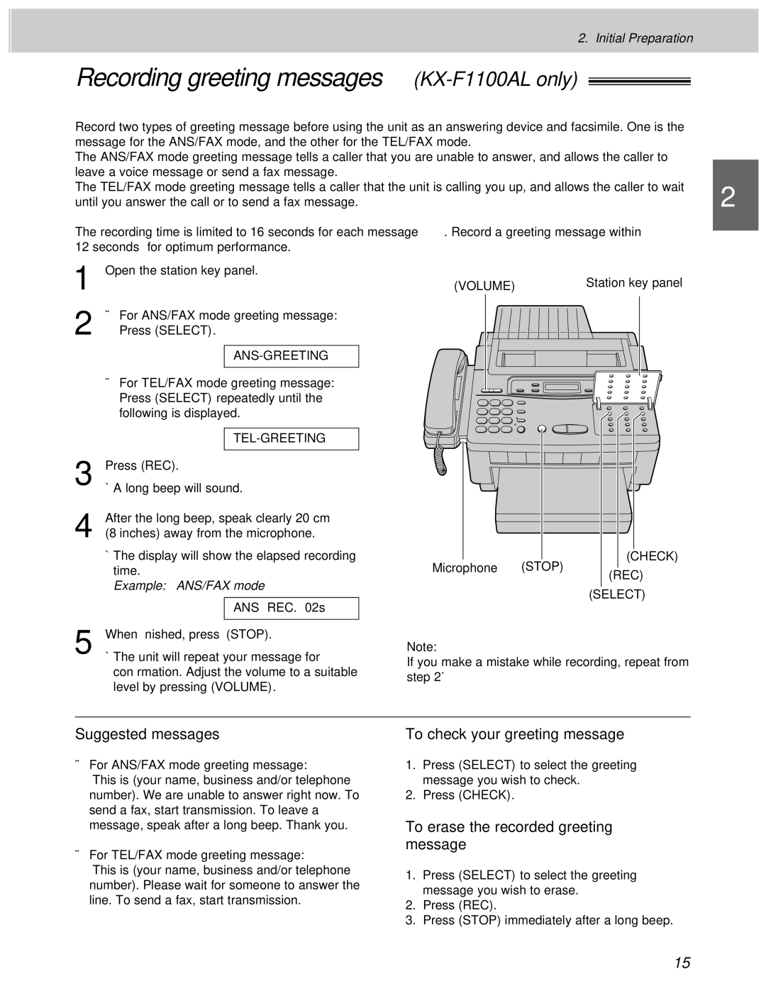 Panasonic KX-F1100AL manual Suggested messages, To check your greeting message, To erase the recorded greeting message 