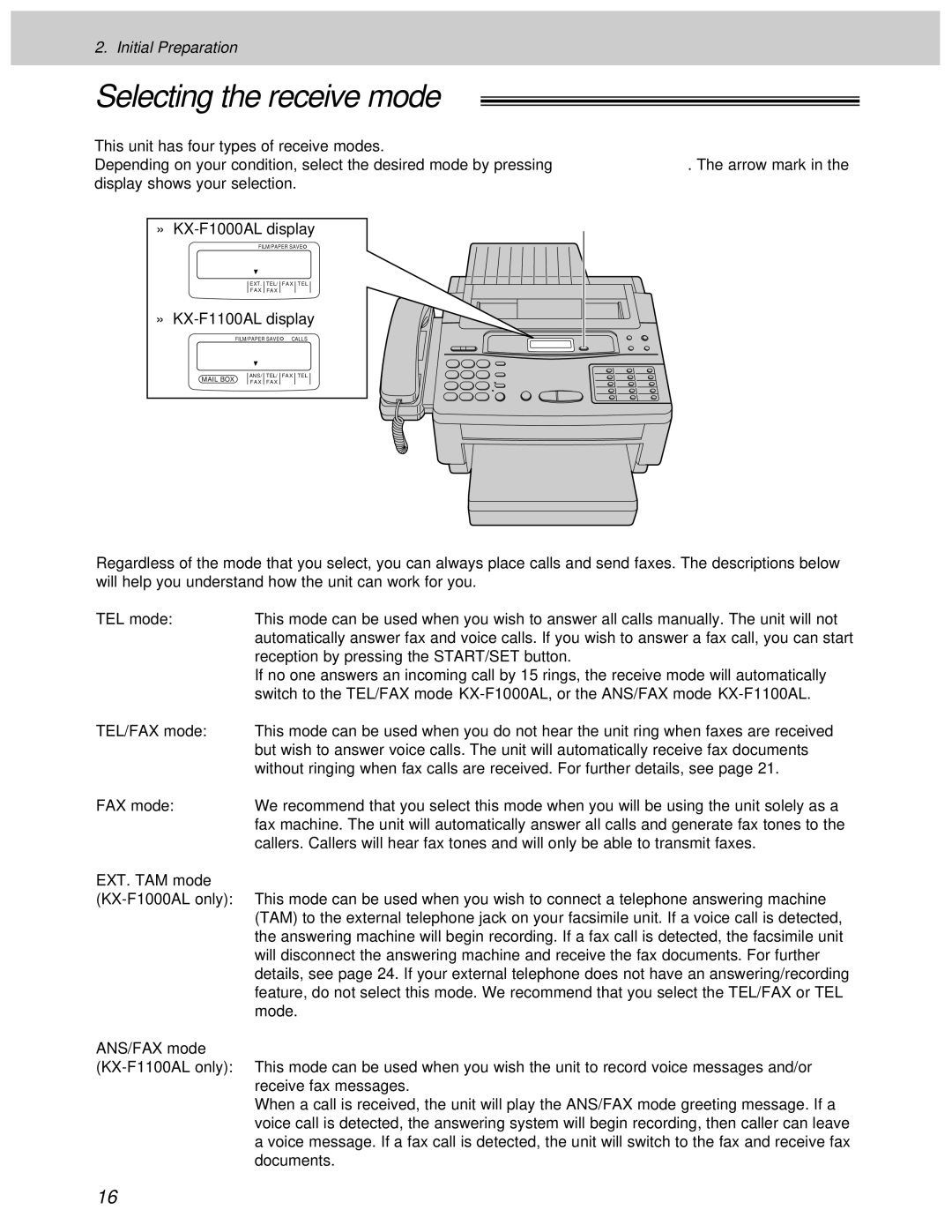 Panasonic KX-F1000AL, KX-F1100AL manual Selecting the receive mode, EXT. TAM mode, ANS/FAX mode 