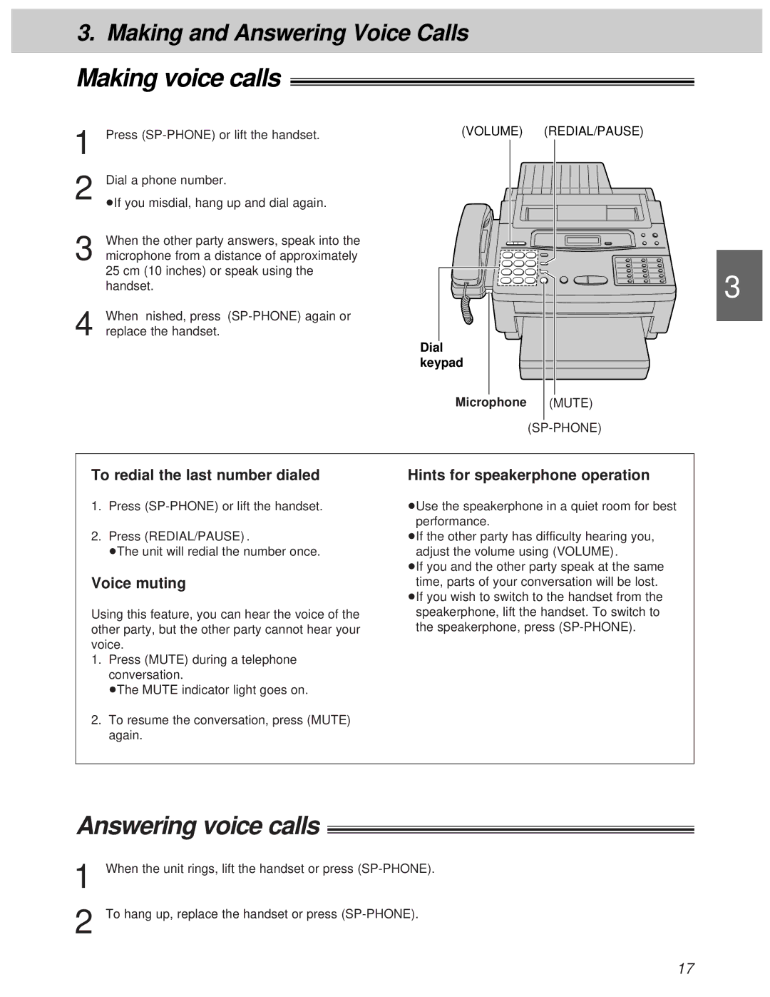 Panasonic KX-F1100AL, KX-F1000AL manual Making voice calls, Answering voice calls, Voice muting 