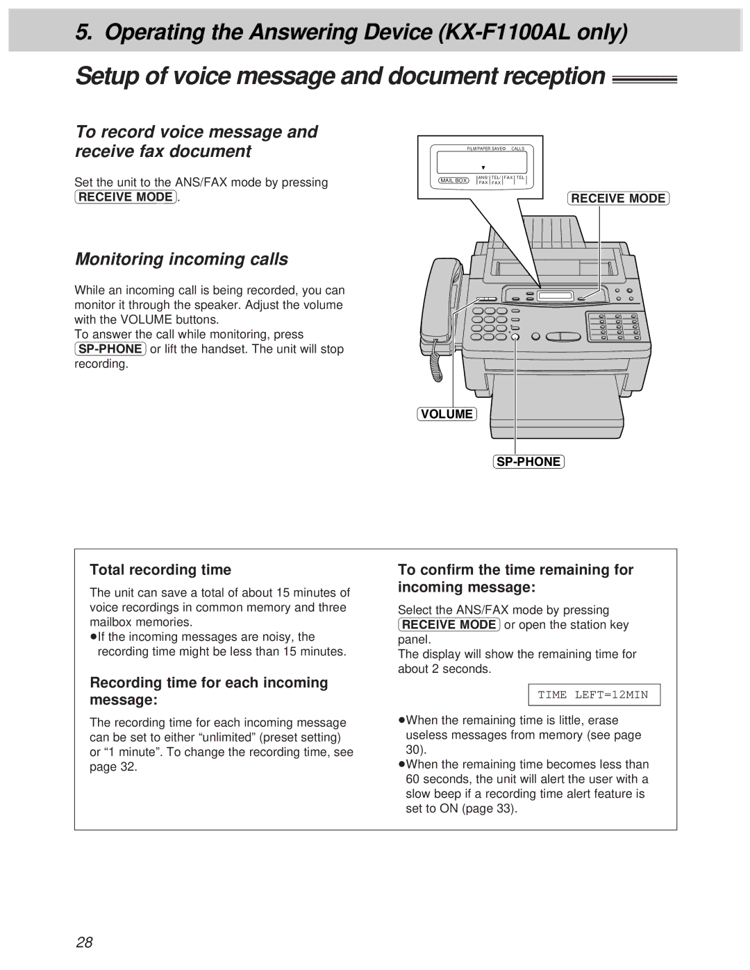 Panasonic KX-F1000AL manual Setup of voice message and document reception, To record voice message and receive fax document 