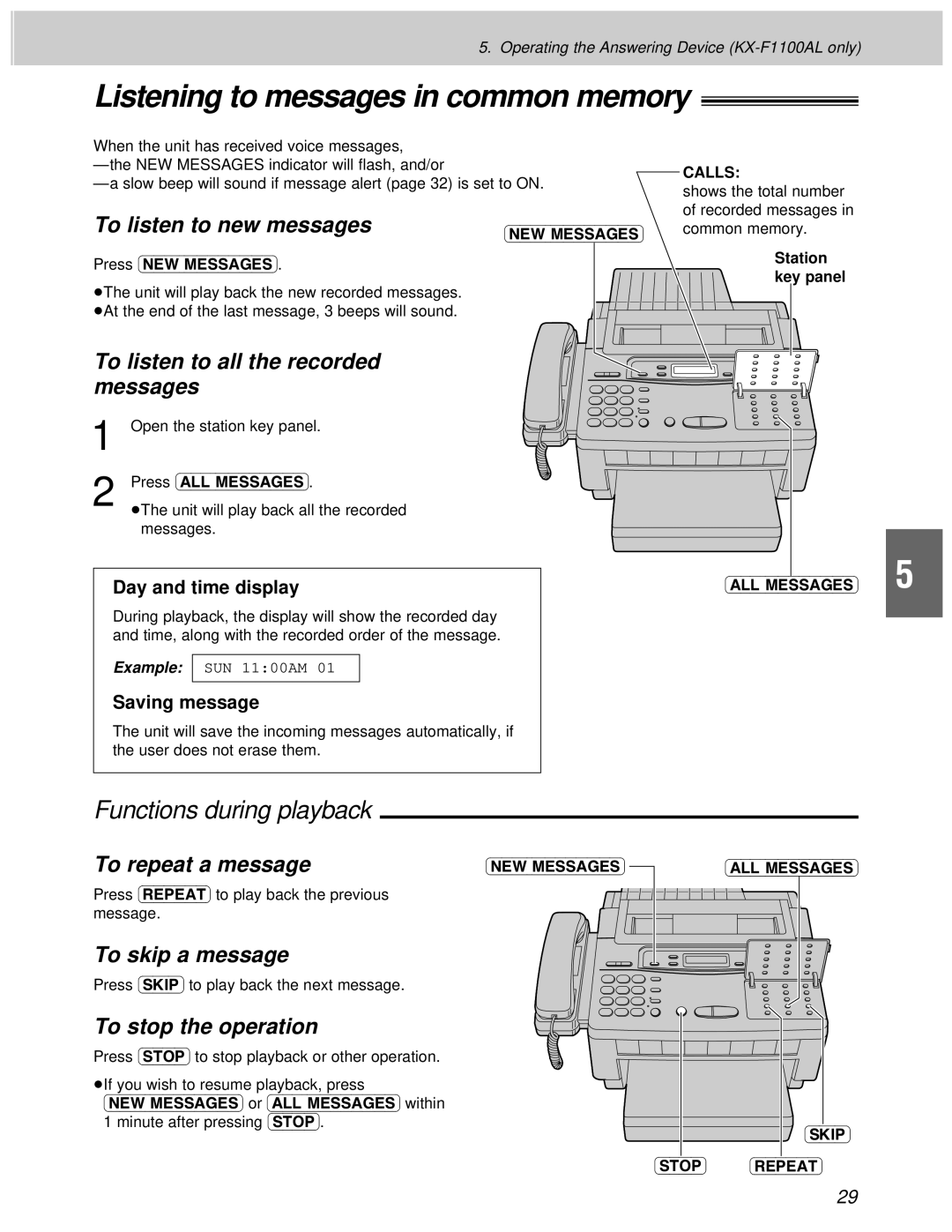 Panasonic KX-F1100AL, KX-F1000AL manual Listening to messages in common memory, Functions during playback 