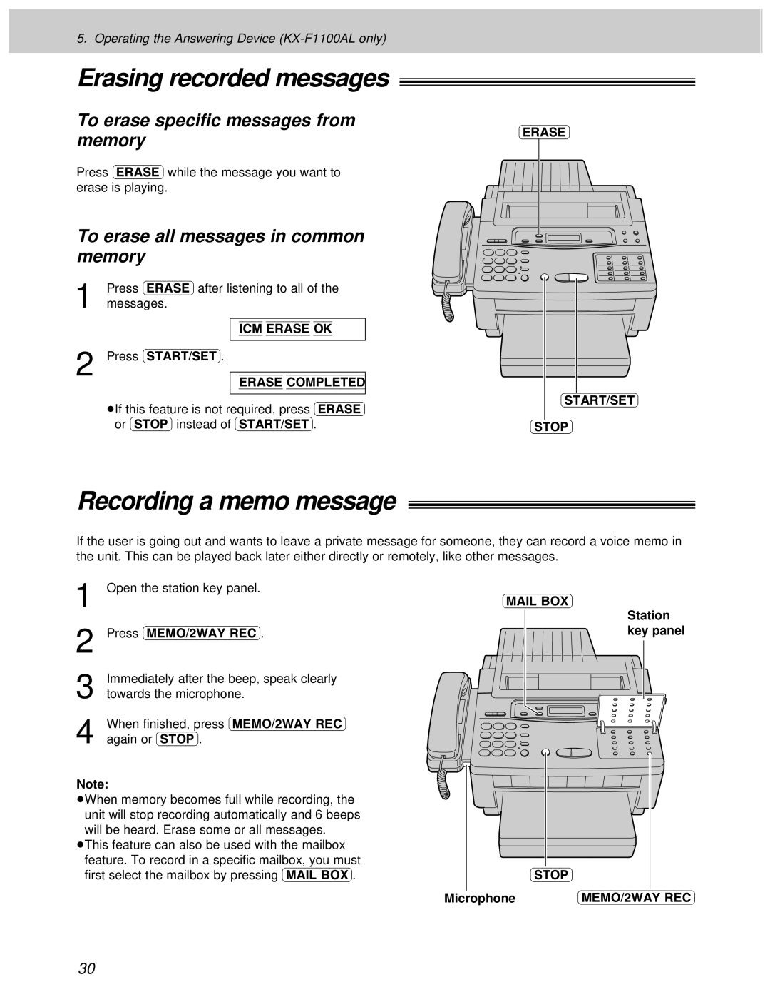 Panasonic KX-F1000AL Erasing recorded messages, Recording a memo message, To erase speciﬁc messages from memory, Station 