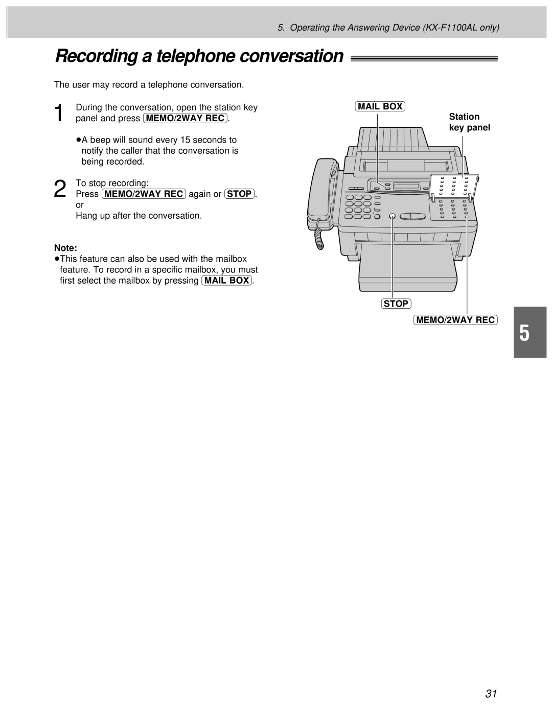 Panasonic KX-F1100AL, KX-F1000AL manual Recording a telephone conversation 