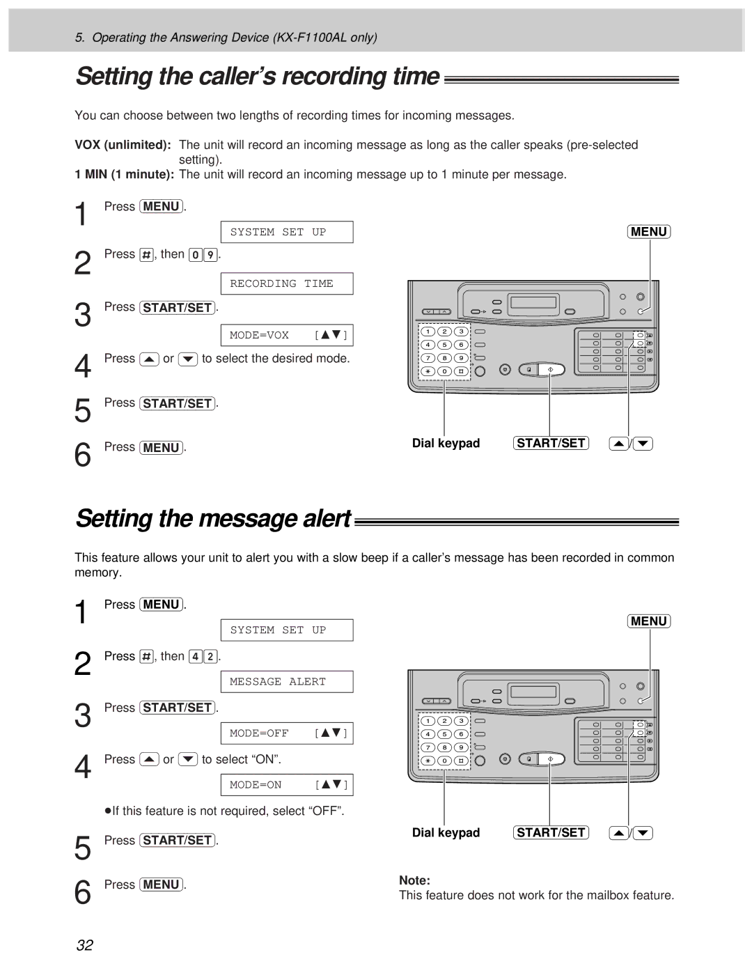 Panasonic KX-F1000AL, KX-F1100AL manual Setting the caller’s recording time, Setting the message alert 