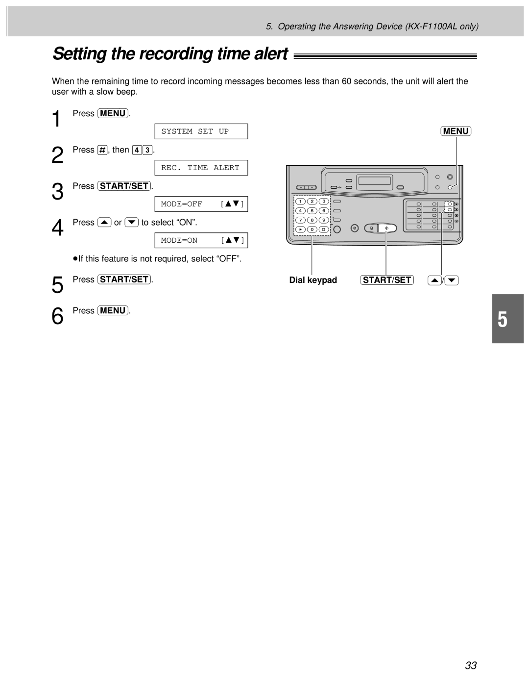 Panasonic KX-F1100AL, KX-F1000AL manual Setting the recording time alert 