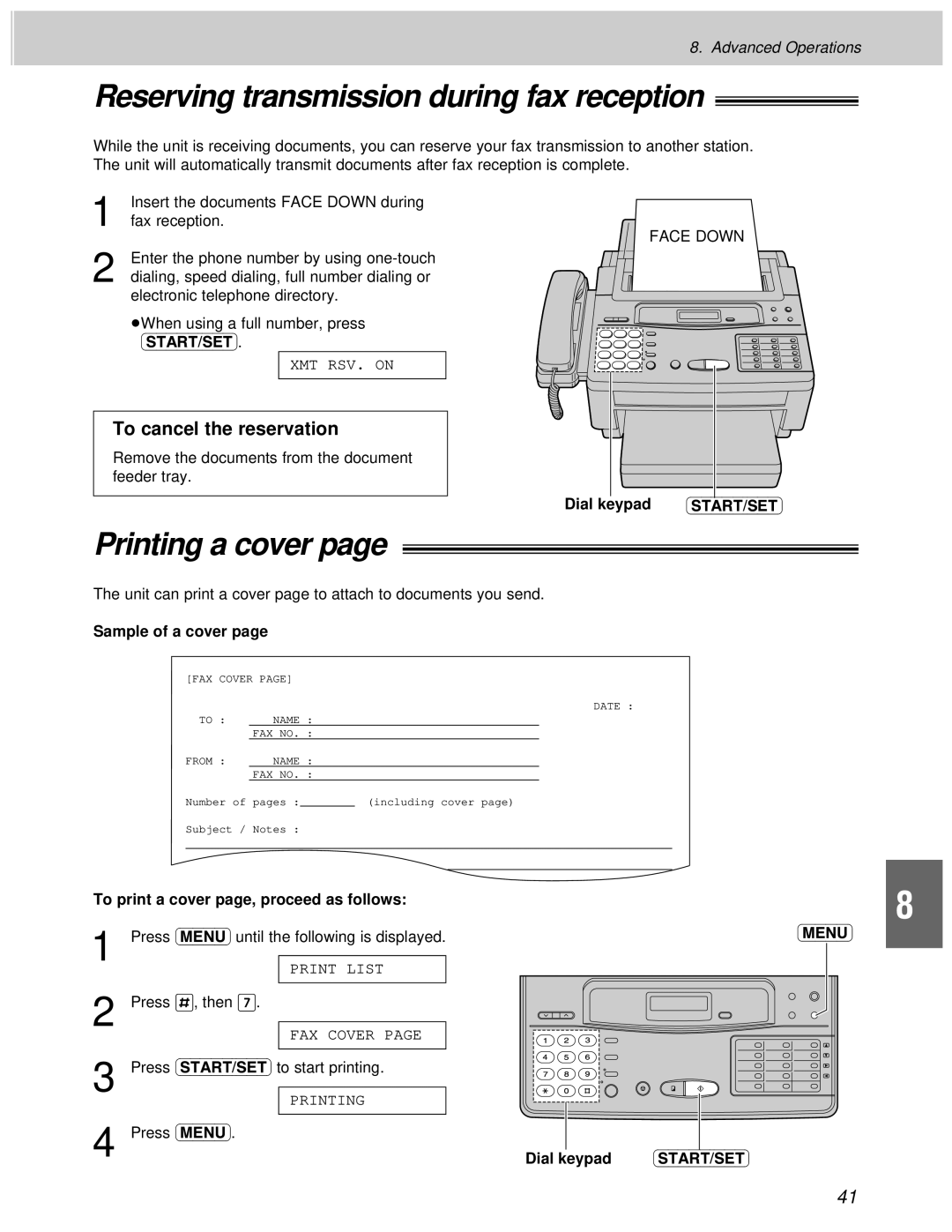 Panasonic KX-F1100AL, KX-F1000AL Reserving transmission during fax reception, Printing a cover, To cancel the reservation 