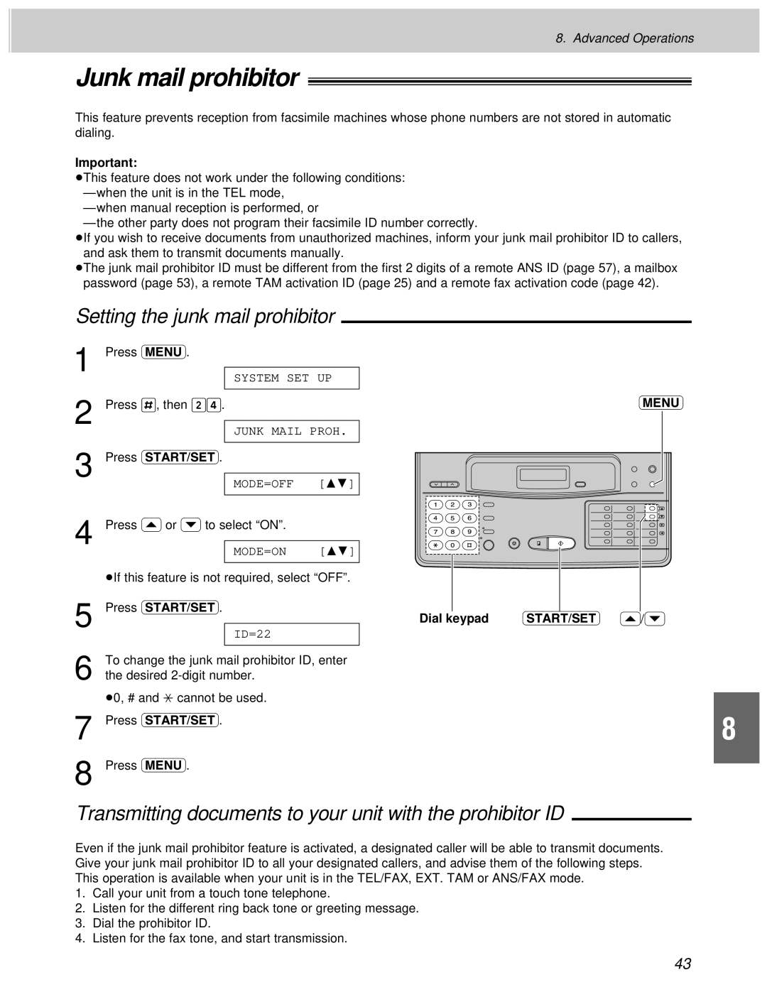 Panasonic KX-F1100AL, KX-F1000AL manual Junk mail prohibitor, Setting the junk mail prohibitor 