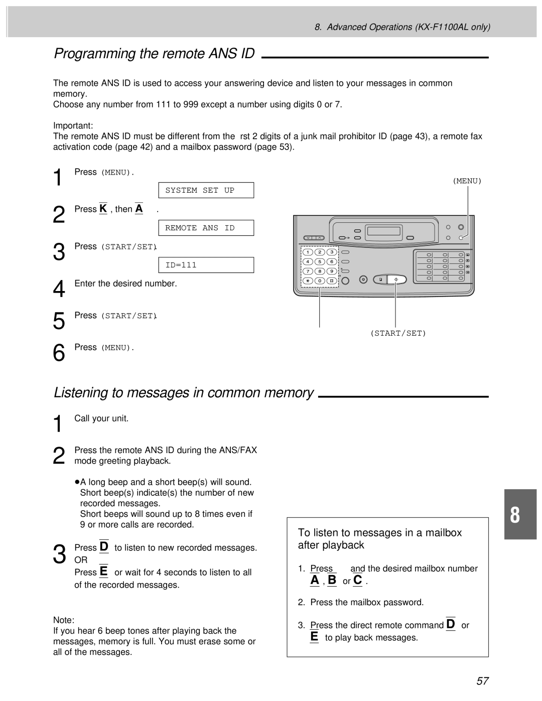 Panasonic KX-F1100AL, KX-F1000AL manual Programming the remote ANS ID, Listening to messages in common memory 