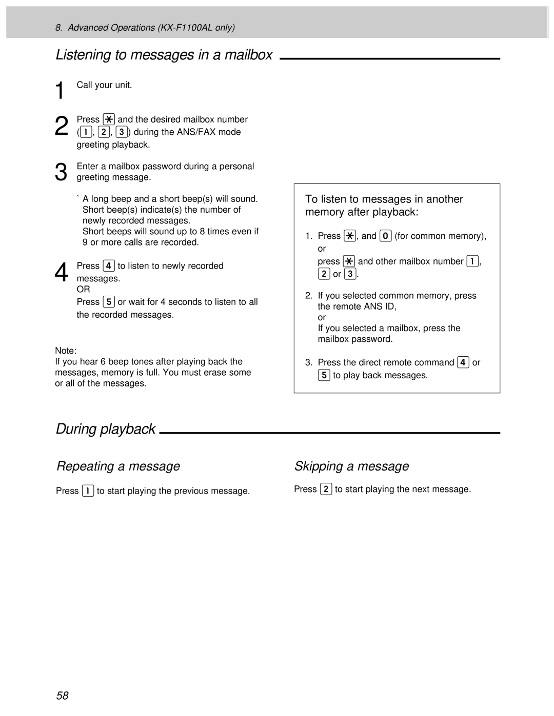 Panasonic KX-F1000AL, KX-F1100AL manual During playback, Repeating a message, Skipping a message 