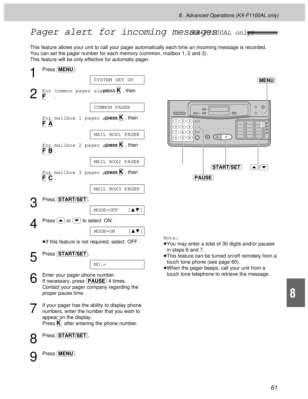 Panasonic KX-F1000AL manual Pager alert for incoming messages KX-F1100AL only, For common pager alert, press K, then 