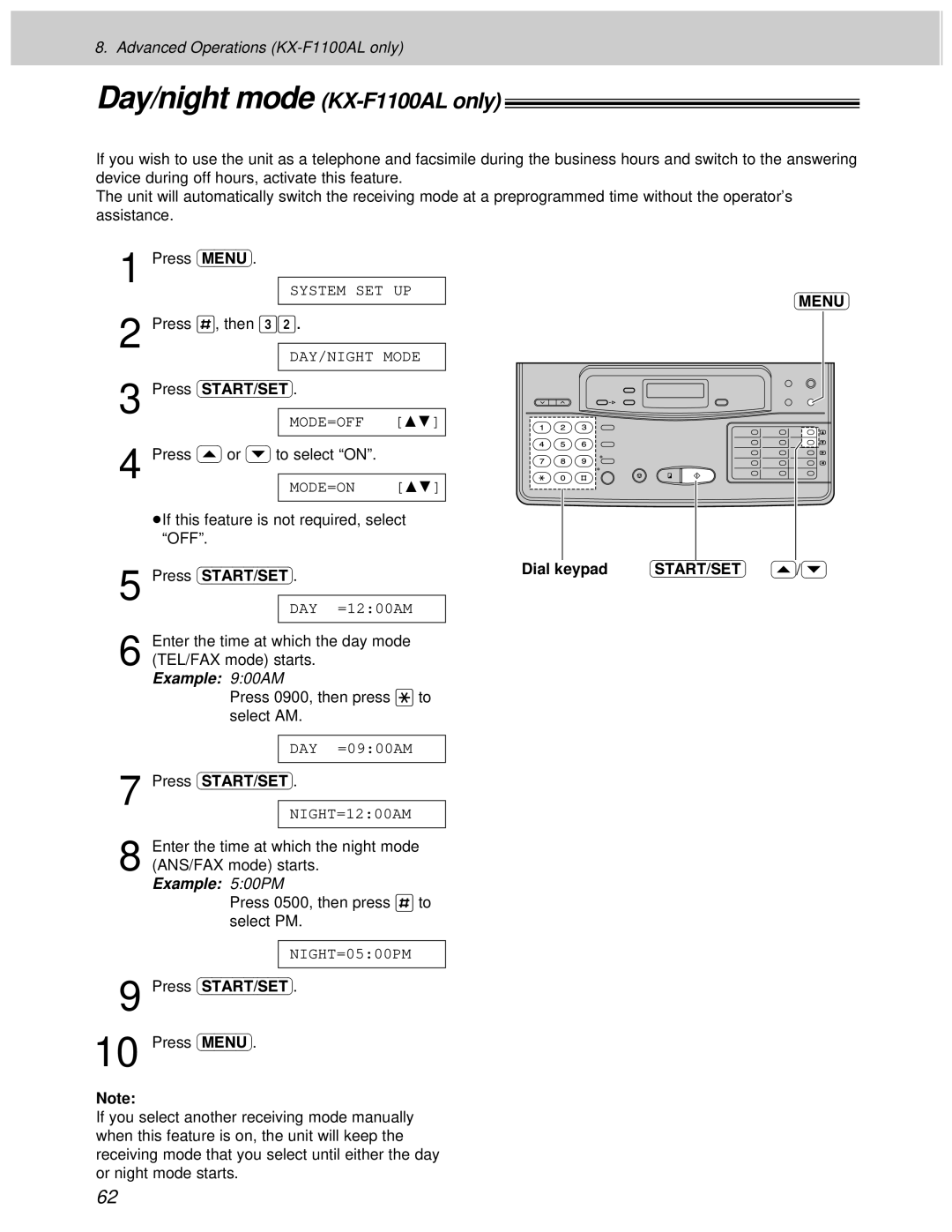 Panasonic KX-F1000AL manual Day/night mode KX-F1100AL only, Example 900AM 