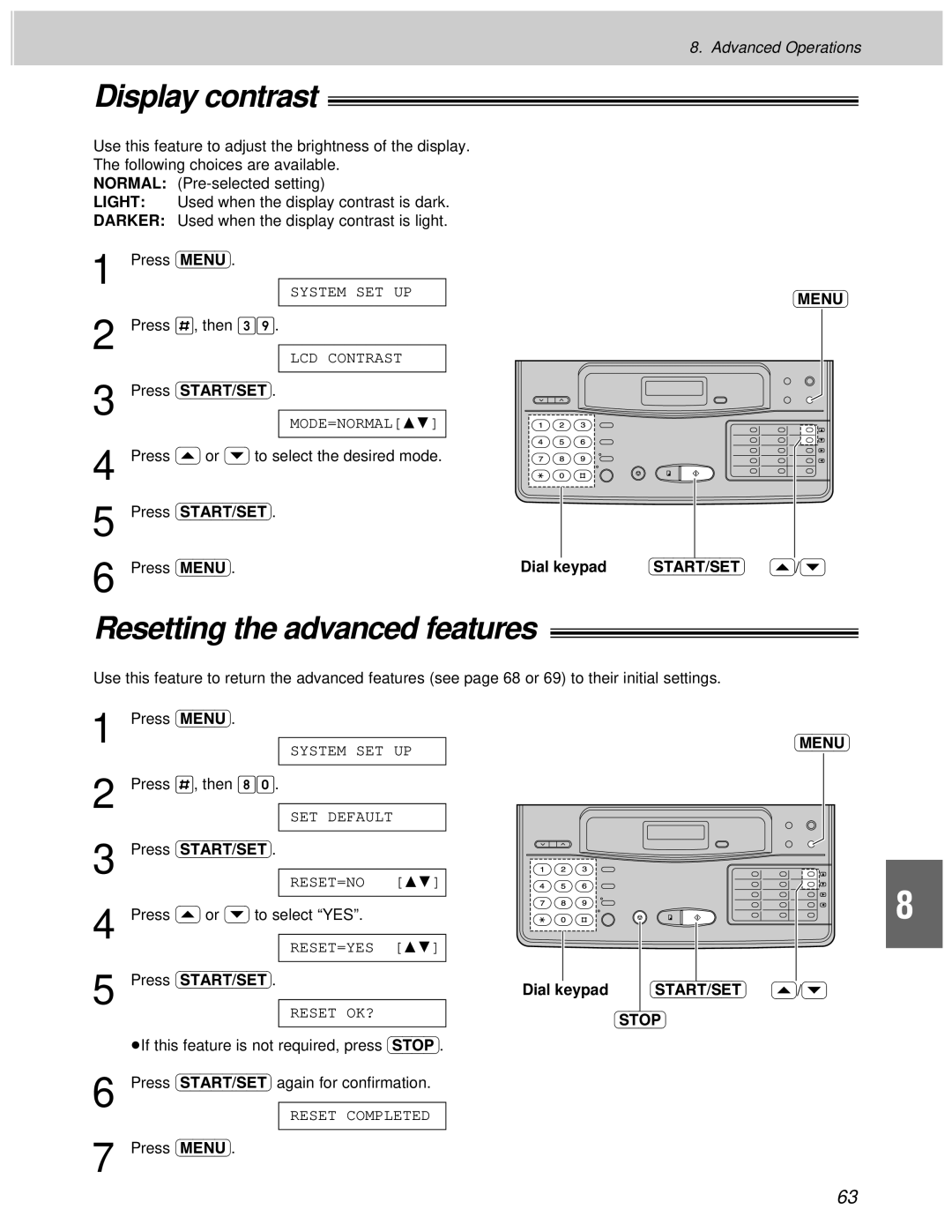 Panasonic KX-F1100AL, KX-F1000AL manual Display contrast, Resetting the advanced features 