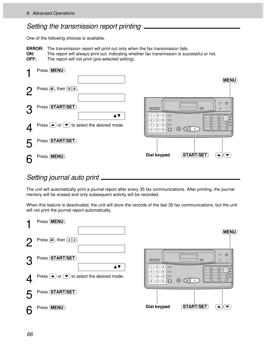 Panasonic KX-F1000AL, KX-F1100AL manual Setting the transmission report printing, Setting journal auto print 