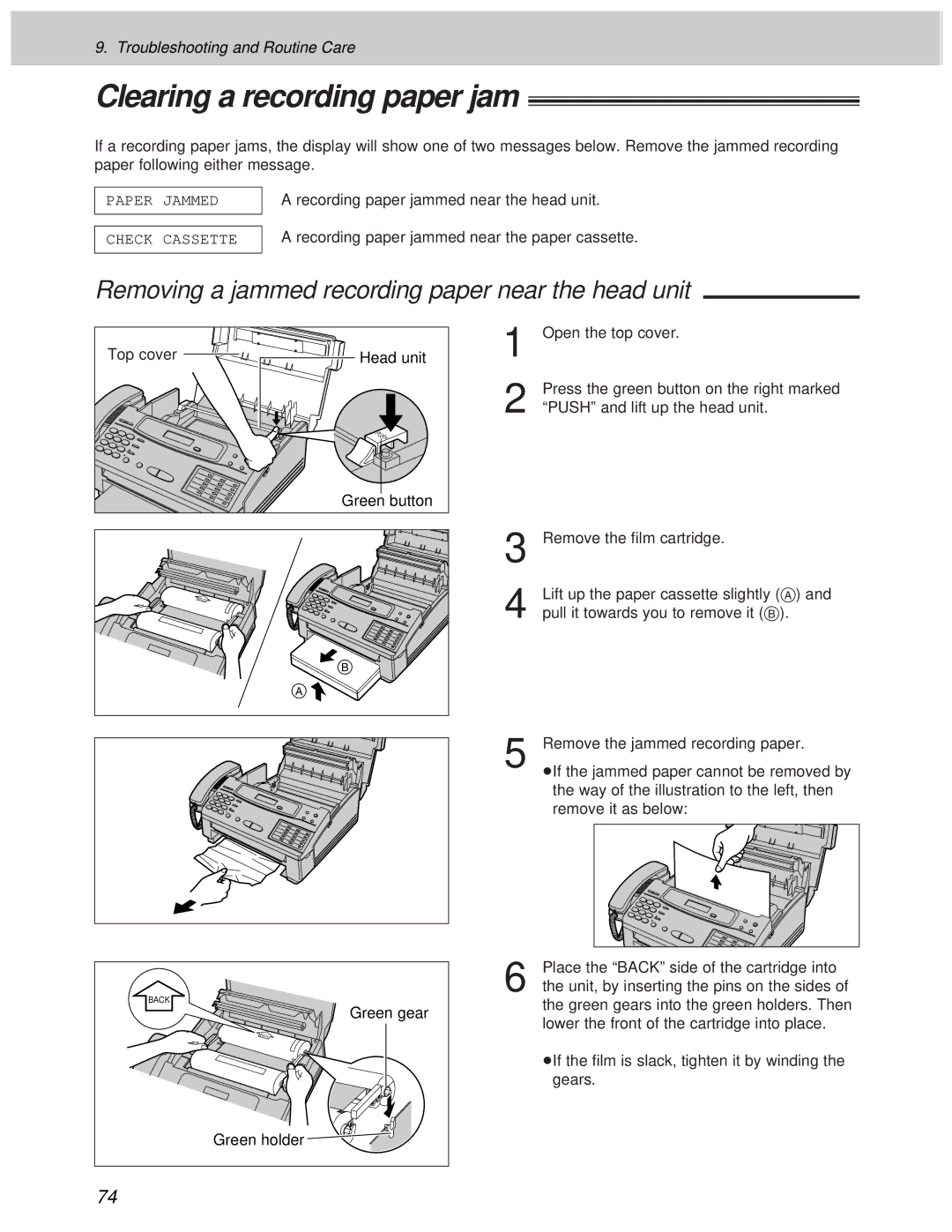 Panasonic KX-F1000AL, KX-F1100AL manual Clearing a recording paper jam, Removing a jammed recording paper near the head unit 