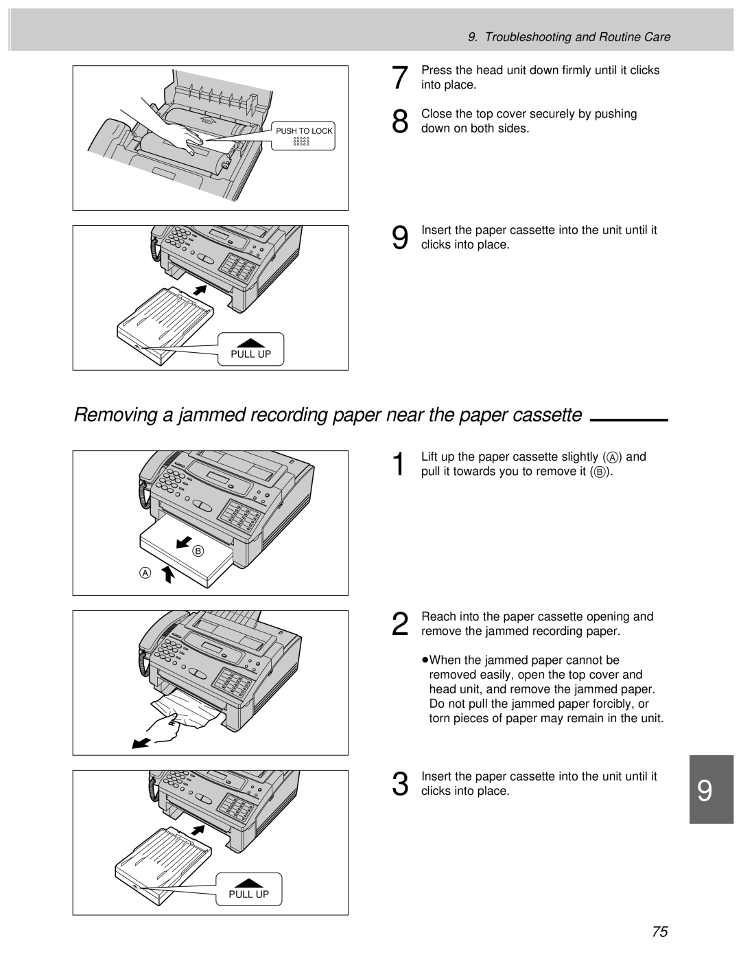 Panasonic KX-F1100AL, KX-F1000AL manual Removing a jammed recording paper near the paper cassette 