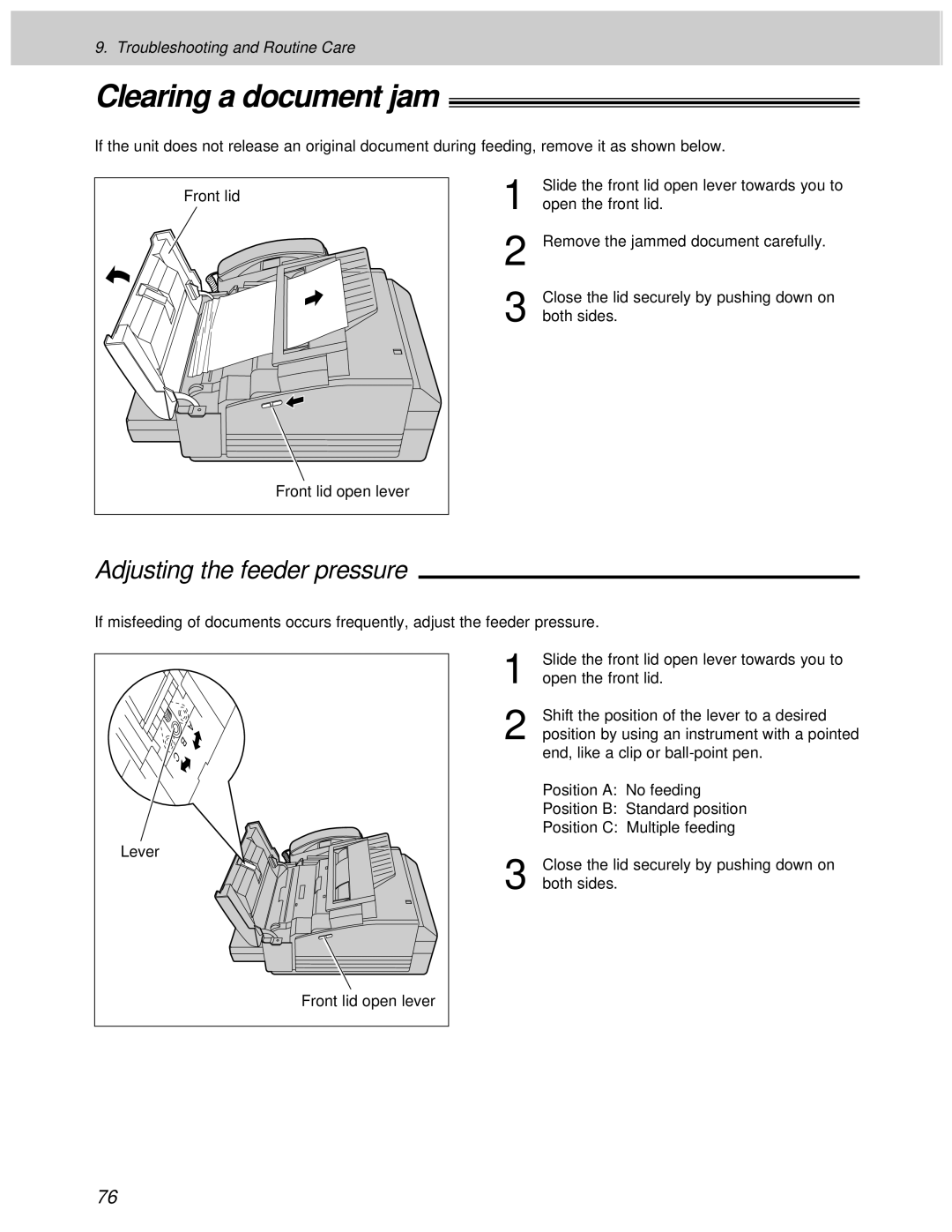 Panasonic KX-F1000AL, KX-F1100AL manual Clearing a document jam, Adjusting the feeder pressure 